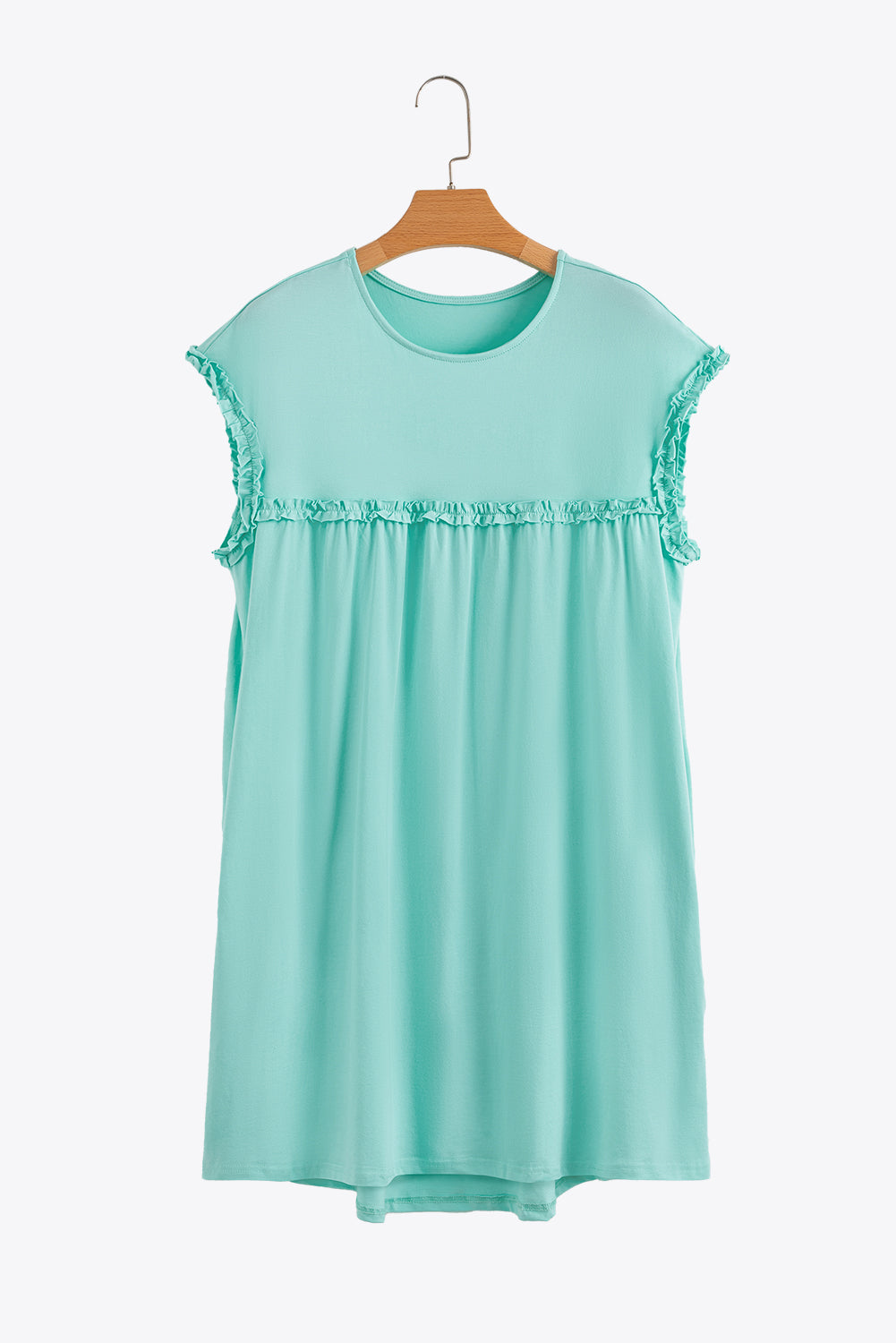 Mint Green Frilled Trim Crew Neck Loose Fit Mini Dress-TOPS / DRESSES-[Adult]-[Female]-2022 Online Blue Zone Planet