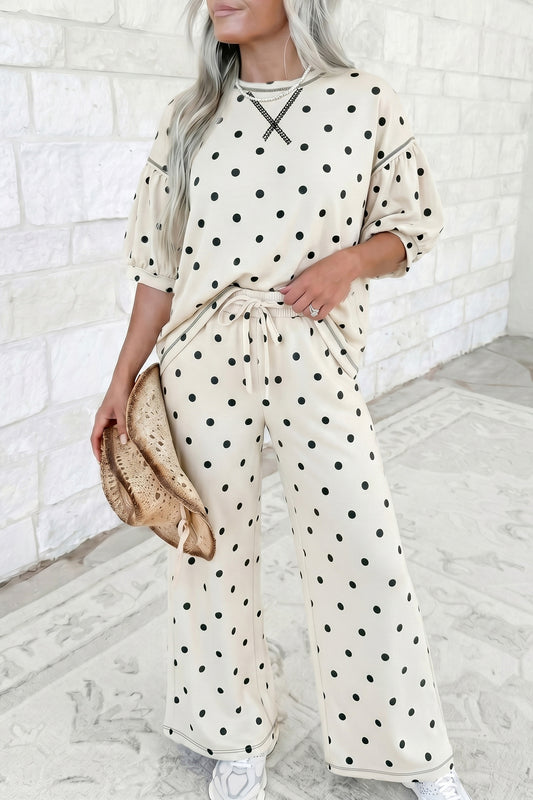 Beige Polka Dot Half Sleeve Loose Top Elastic Waist Casual Pants Set-Two Piece Sets/Pant Sets-[Adult]-[Female]-Beige-S-2022 Online Blue Zone Planet