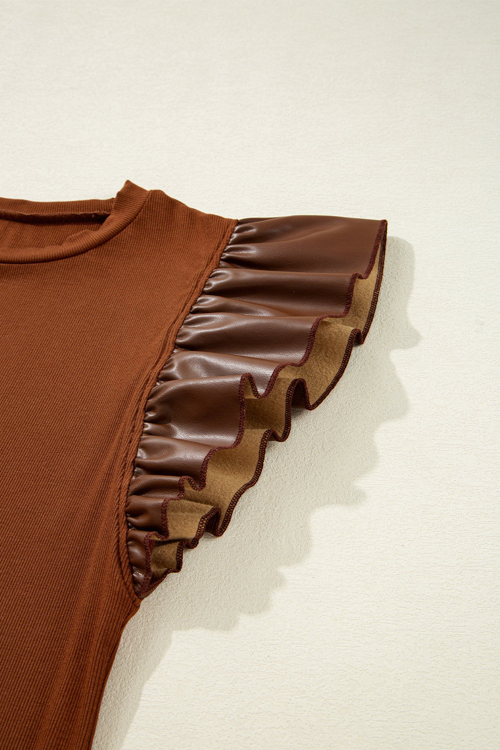 Cinnamon Leather Ruffle Sleeve Patchwork Round Neck Blouse-Tops/Blouses & Shirts-[Adult]-[Female]-2022 Online Blue Zone Planet