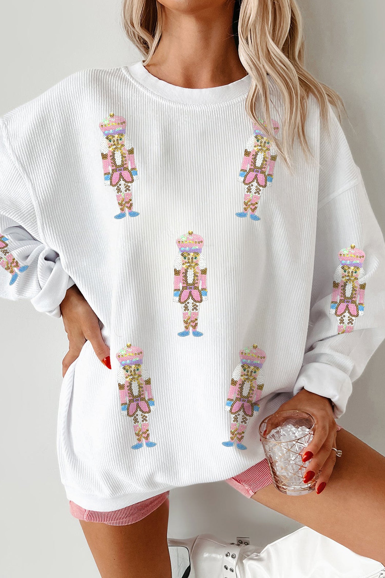 White Corded Rib Sequin Patched Nutcracker Graphic Drop Shoulder Sweatshirt-Graphic/Graphic Sweatshirts-[Adult]-[Female]-White-S-2022 Online Blue Zone Planet