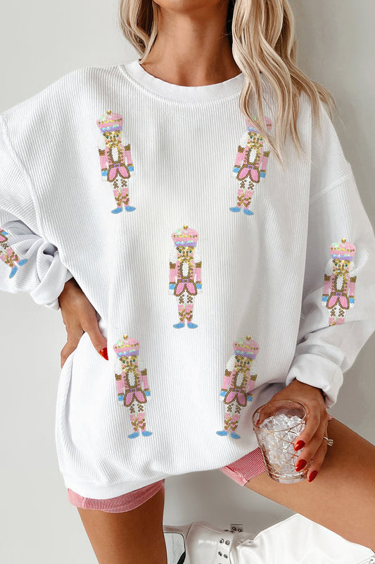 White Corded Rib Sequin Patched Nutcracker Graphic Drop Shoulder Sweatshirt-Graphic/Graphic Sweatshirts-[Adult]-[Female]-White-S-2022 Online Blue Zone Planet
