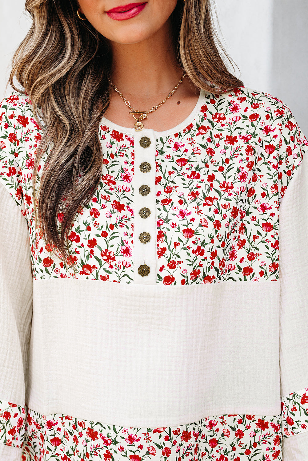 Red Floral Print Gauze Patchwork Henley Button 3/4 Sleeve Blouse-Tops/Blouses & Shirts-[Adult]-[Female]-2022 Online Blue Zone Planet