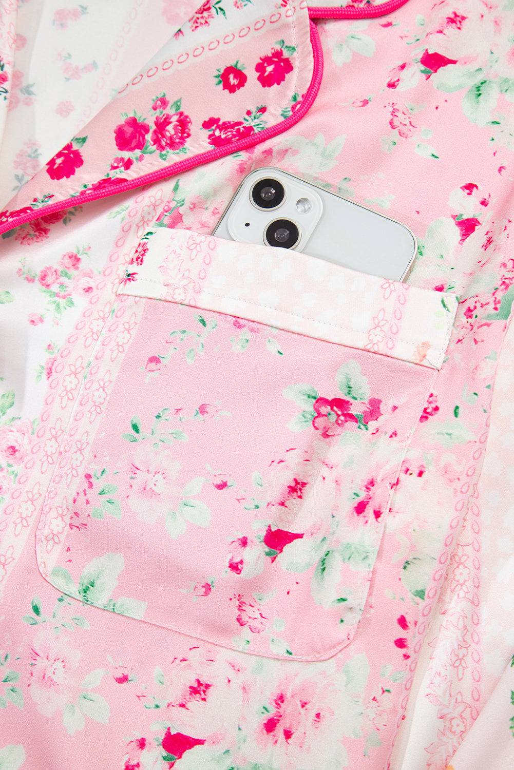 Pink Mixed Floral Print Contrast Piping Trim Satin Tie 2pcs Pajama Set-Loungewear & Sleepwear/Sleepwear-[Adult]-[Female]-2022 Online Blue Zone Planet