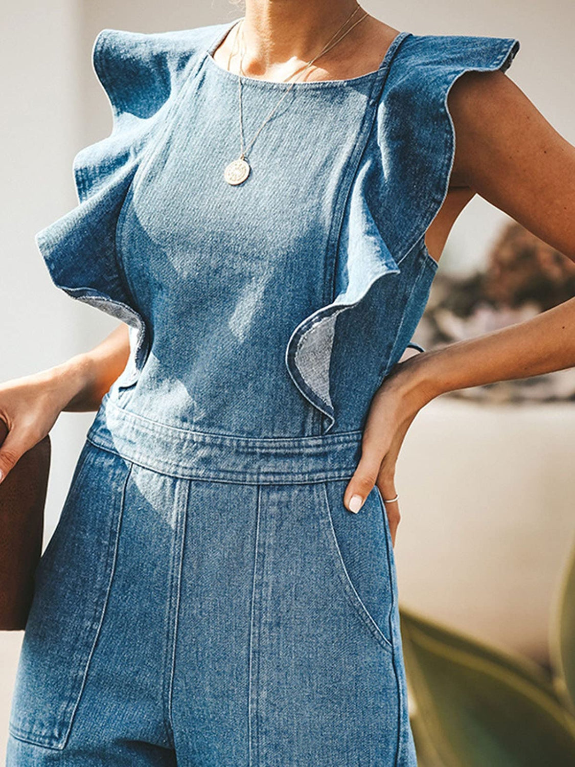 Ruffled Backless Sleeveless Denim Jumpsuit-TOPS / DRESSES-[Adult]-[Female]-2022 Online Blue Zone Planet