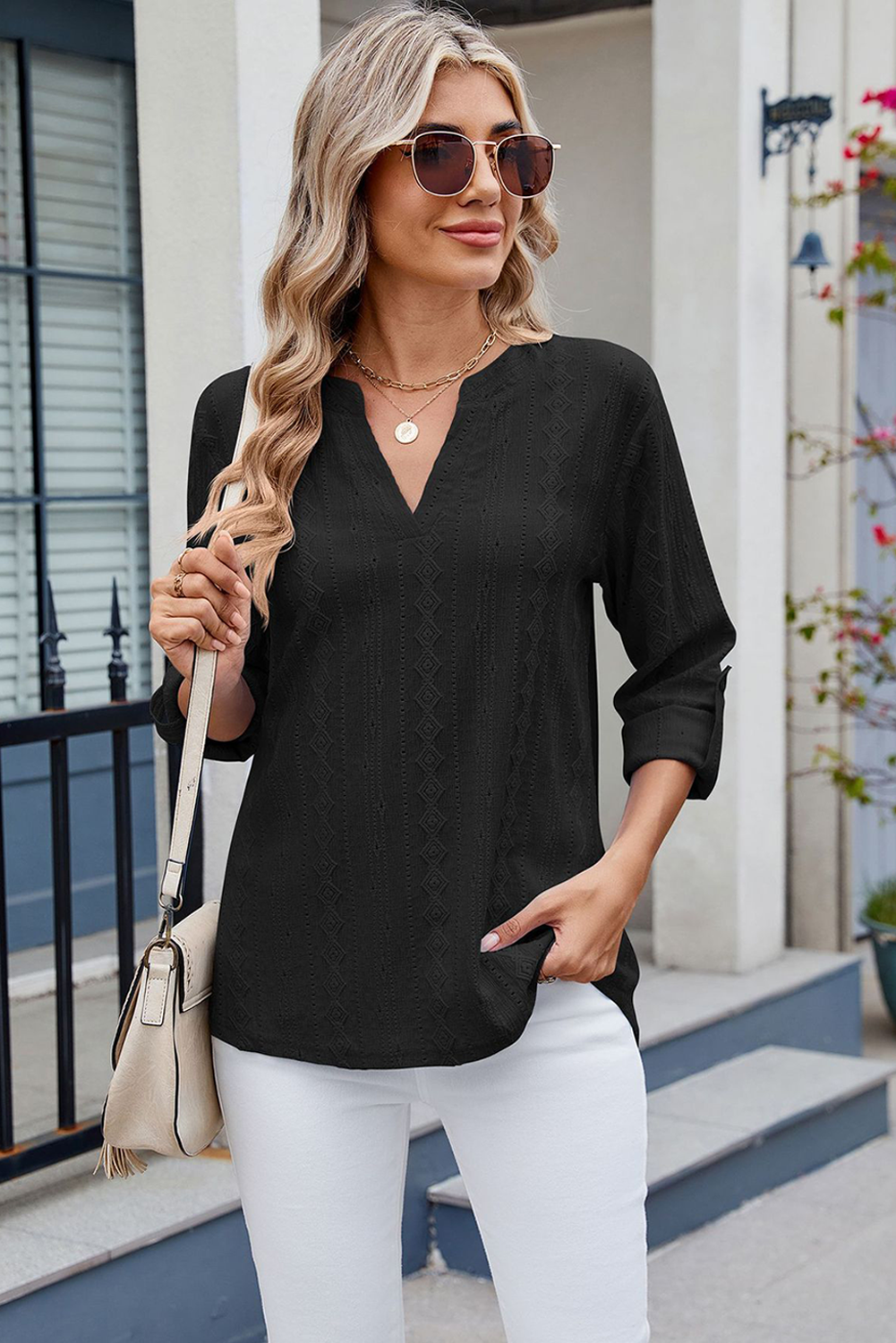 Black V-Neck Roll-up Sleeve Eyelet Loose Top-Blouses-[Adult]-[Female]-2022 Online Blue Zone Planet