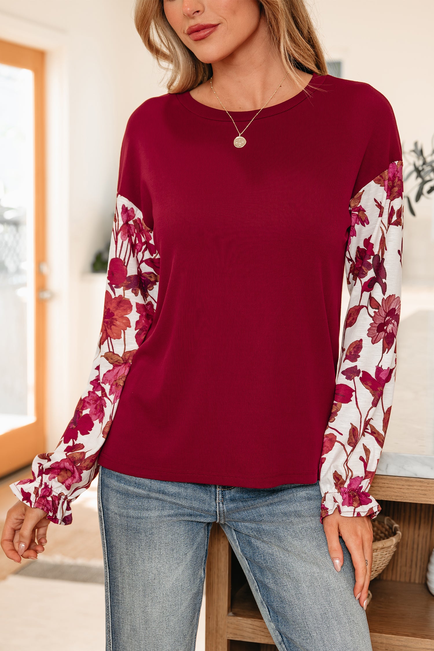 Wild Ginger Contrast Floral Sleeve Solid Ribbed Body Patchwork Long Sleeve Top-Tops/Long Sleeve Tops-[Adult]-[Female]-2022 Online Blue Zone Planet