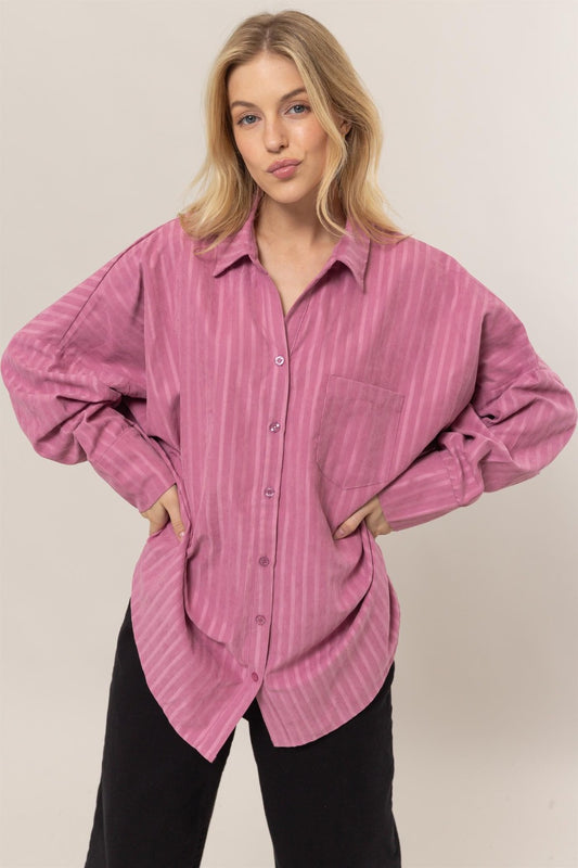 HYFVE Stripe Button Down Long Sleeve Oversized Shirt-TOPS / DRESSES-[Adult]-[Female]-Rose Pink-S-2022 Online Blue Zone Planet