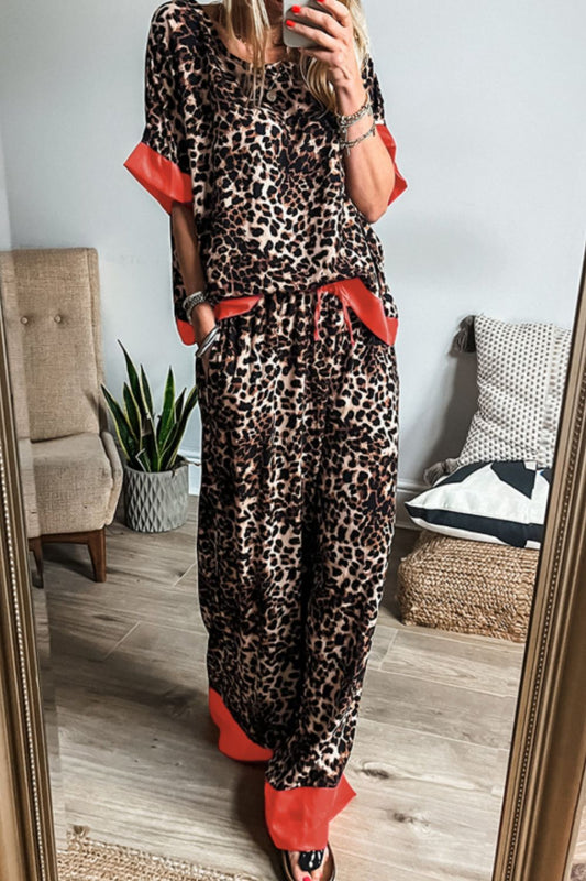 Contrast Trim Leopard Round Neck Top and Pants Lounge Set-TOPS / DRESSES-[Adult]-[Female]-Leopard-S-2022 Online Blue Zone Planet