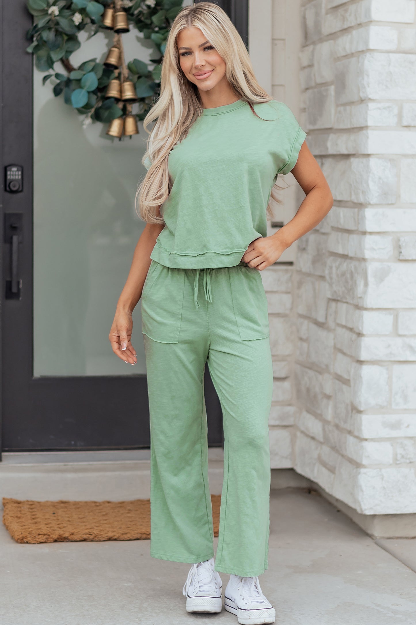 Canton Cuffed Short Sleeve Tee Raw Seam Patch Pocket Drawstring Pants Set-Two Piece Sets/Pant Sets-[Adult]-[Female]-2022 Online Blue Zone Planet