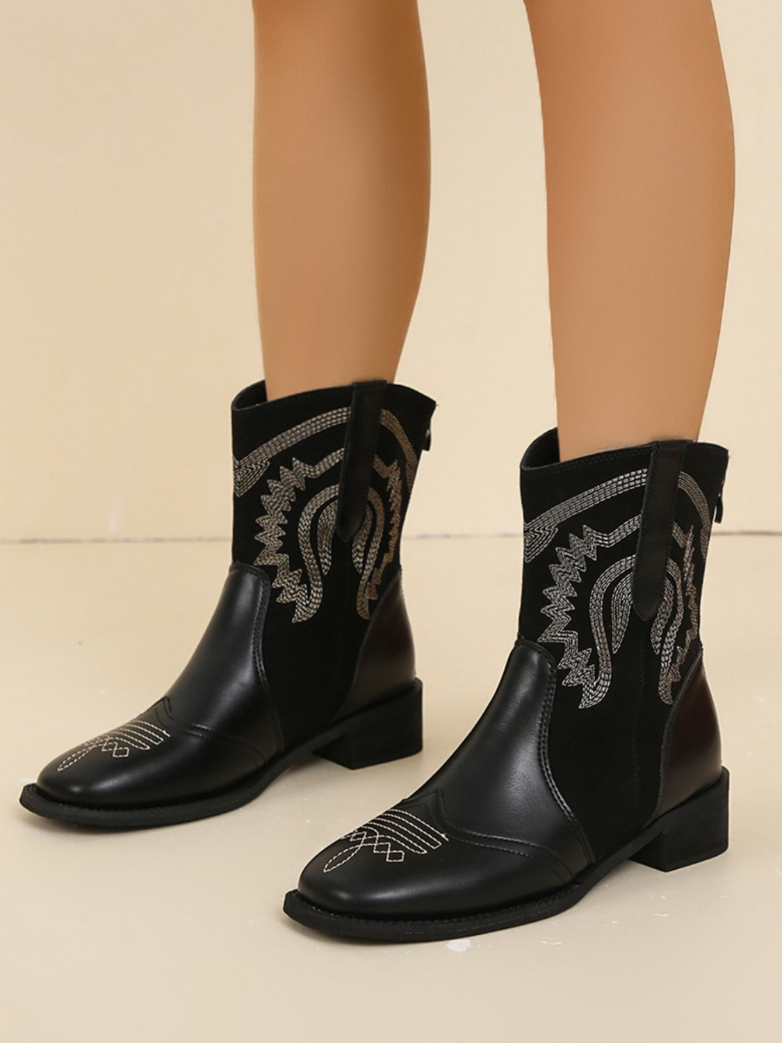 Embroidered PU Leather Block Heel Boots-BOOTS-[Adult]-[Female]-2022 Online Blue Zone Planet