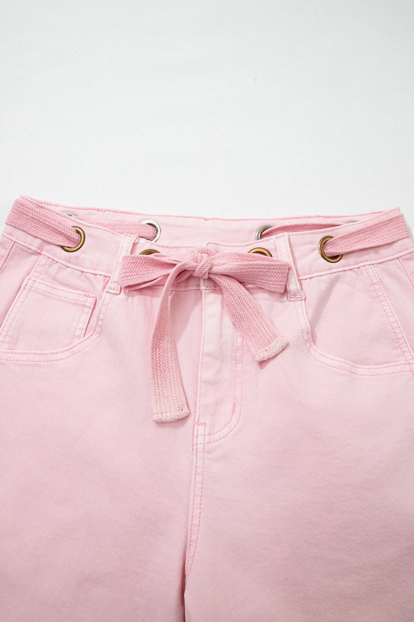 Light Pink Solid Color Grommet Detail Knot Waist Barrel Jeans