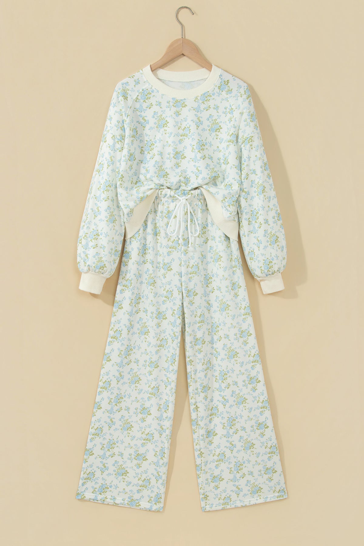 Sky Blue Floral Print Long Sleeve Top Drawstring Wide Leg Pants Set-Two Piece Sets/Pant Sets-[Adult]-[Female]-2022 Online Blue Zone Planet