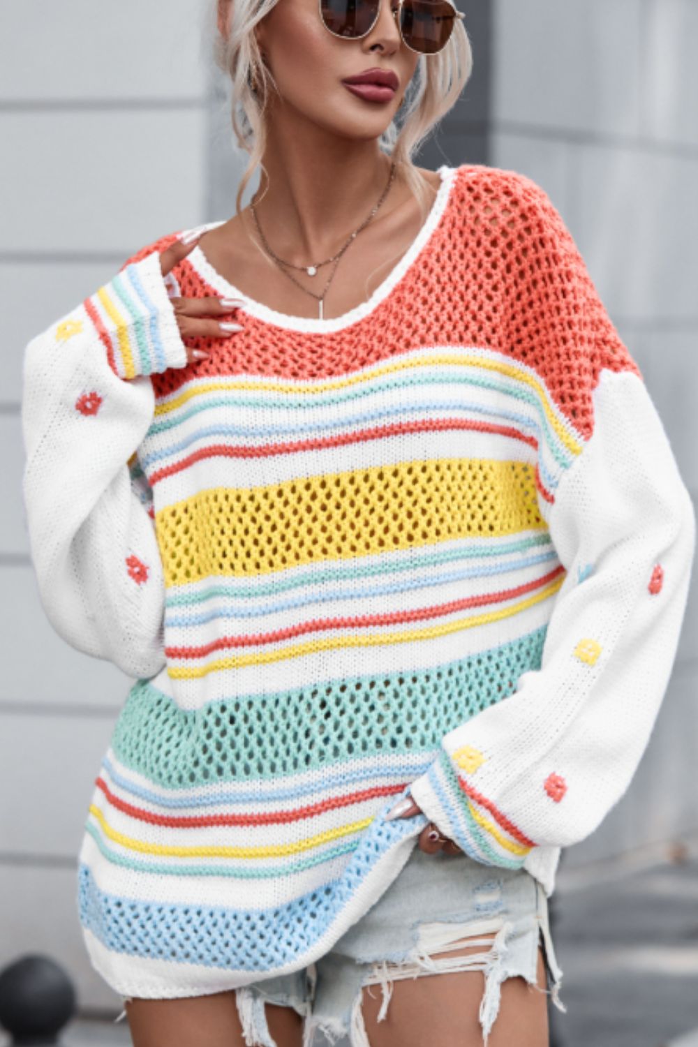 Hollow Striped Color Block Round Neck Sweater-TOPS / DRESSES-[Adult]-[Female]-2022 Online Blue Zone Planet