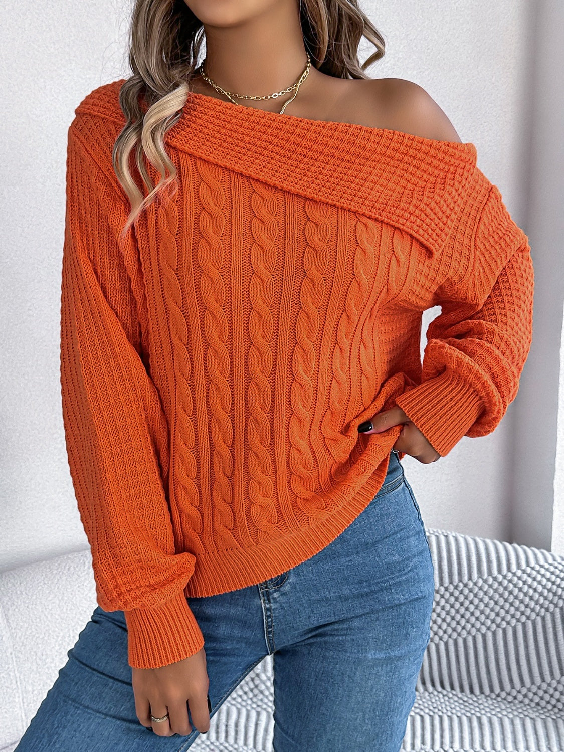 Cable-Knit One Shoulder Long Sleeve Sweater-TOPS / DRESSES-[Adult]-[Female]-Orange-S-2022 Online Blue Zone Planet