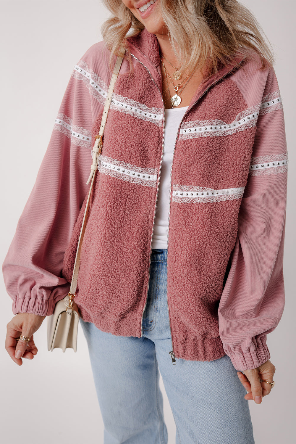 Rose Pink Sherpa Patchwork Lace Elastic Cuff Zip Up Jacket-Outerwear/Jackets-[Adult]-[Female]-2022 Online Blue Zone Planet