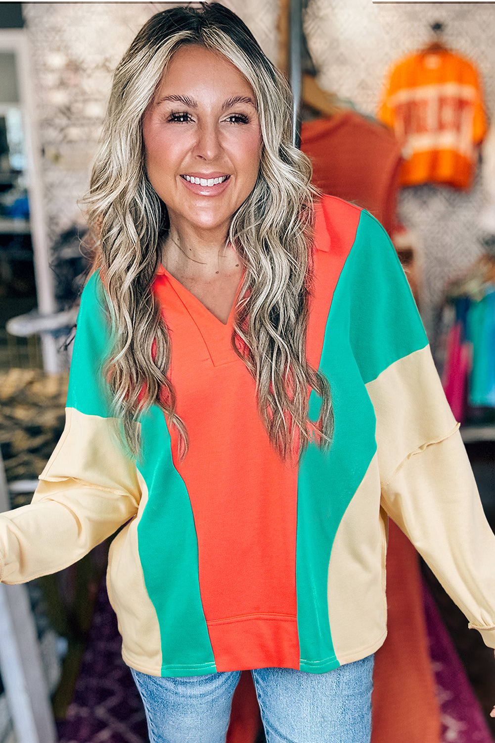 Grapefruit Orange Color Block Patchwork Collared V Neck Loose Top-Tops/Long Sleeve Tops-[Adult]-[Female]-2022 Online Blue Zone Planet