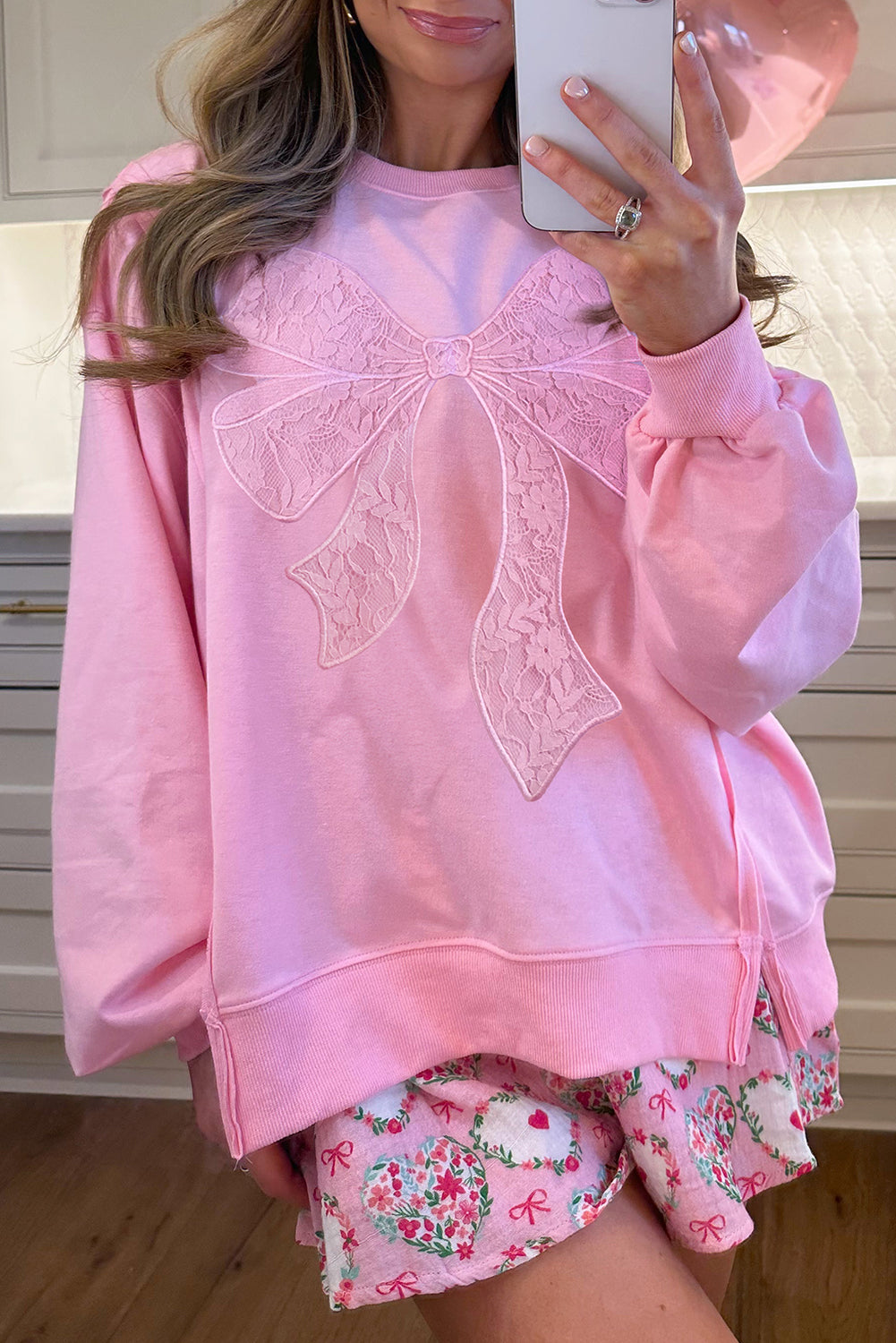 Bonbon Lace Insert Bow Embroidered Exposed Seam Sweatshirt-Tops/Sweatshirts & Hoodies-[Adult]-[Female]-Bonbon-S-2022 Online Blue Zone Planet