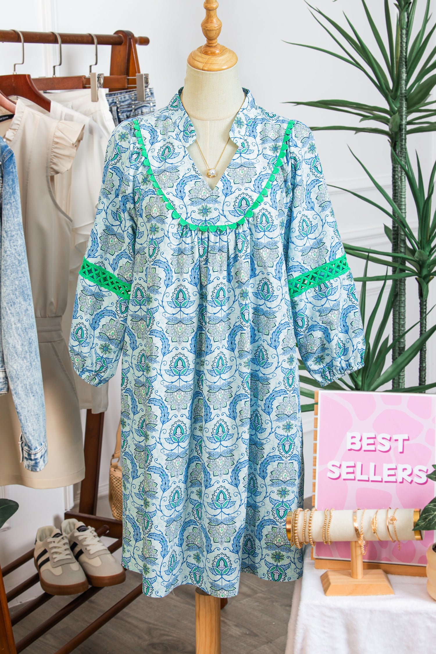 Sky Blue Boho Paisley Print Contrasted Patchwork Detail Bracelet Sleeve Loose Mini Dress-Bracelet-[Adult]-[Female]-2022 Online Blue Zone Planet