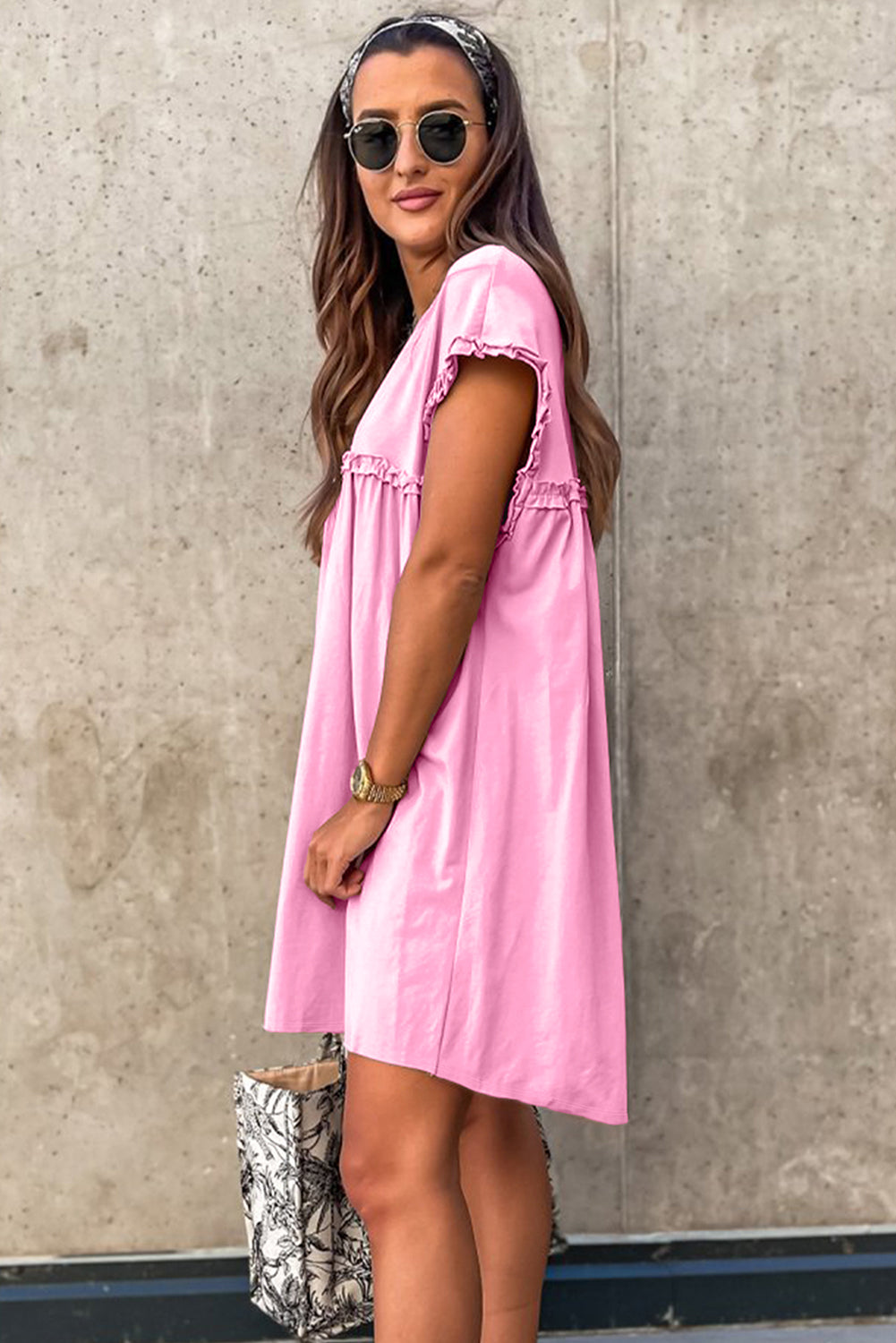 Pink Frilled Trim Crew Neck Loose Fit Mini Dress-TOPS / DRESSES-[Adult]-[Female]-2022 Online Blue Zone Planet