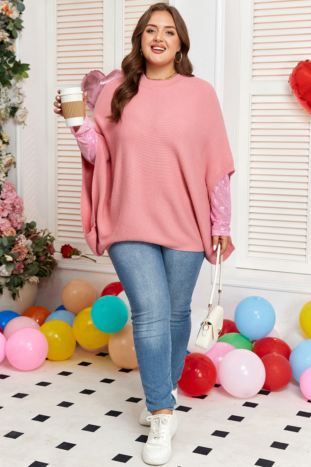 Light Pink Ribbed Knit Half Sleeve Plus Size Poncho Style Sweater-TOPS / DRESSES-[Adult]-[Female]-2022 Online Blue Zone Planet