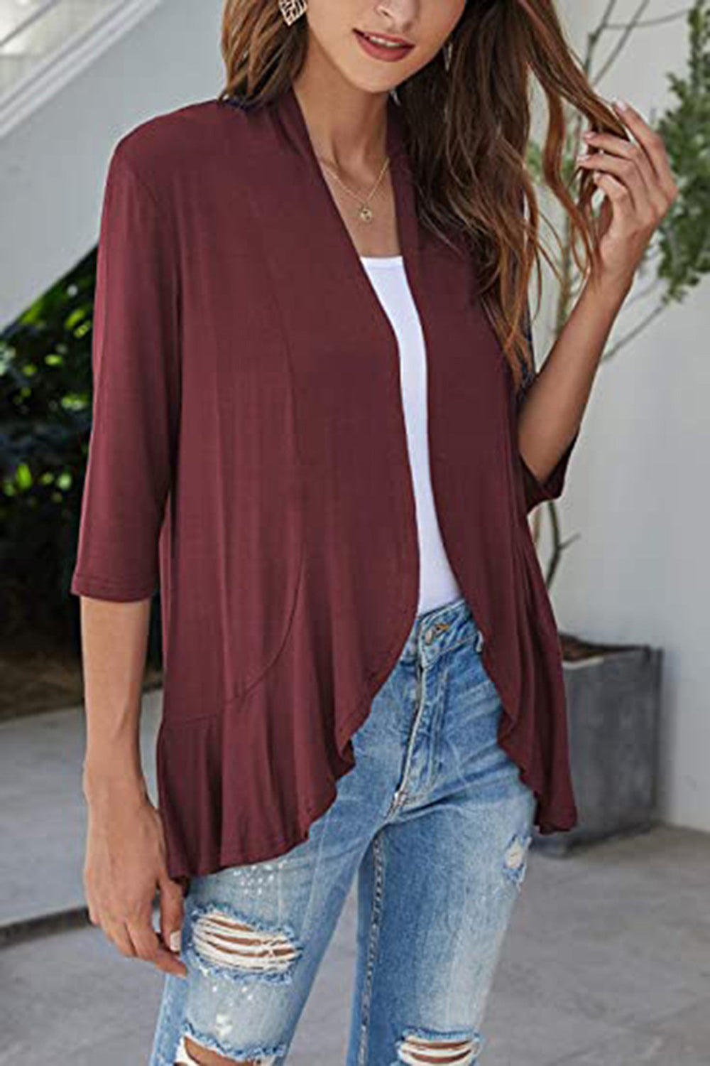 Open Front Three-Quarter Sleeve Cardigan-TOPS / DRESSES-[Adult]-[Female]-Burgundy-S-2022 Online Blue Zone Planet