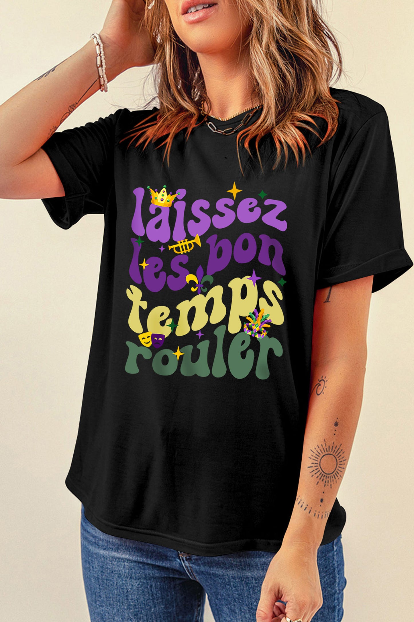 Black Laissez Lesbon Temps Rouler Graphic Mardi Gras Tee-Graphic Tees-[Adult]-[Female]-2022 Online Blue Zone Planet