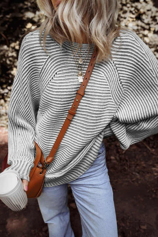 Medium Grey Striped Print Ribbed Knit Boat Neck Baggy Sweater-Sweaters & Cardigans/Sweaters-[Adult]-[Female]-Medium Grey-S-2022 Online Blue Zone Planet