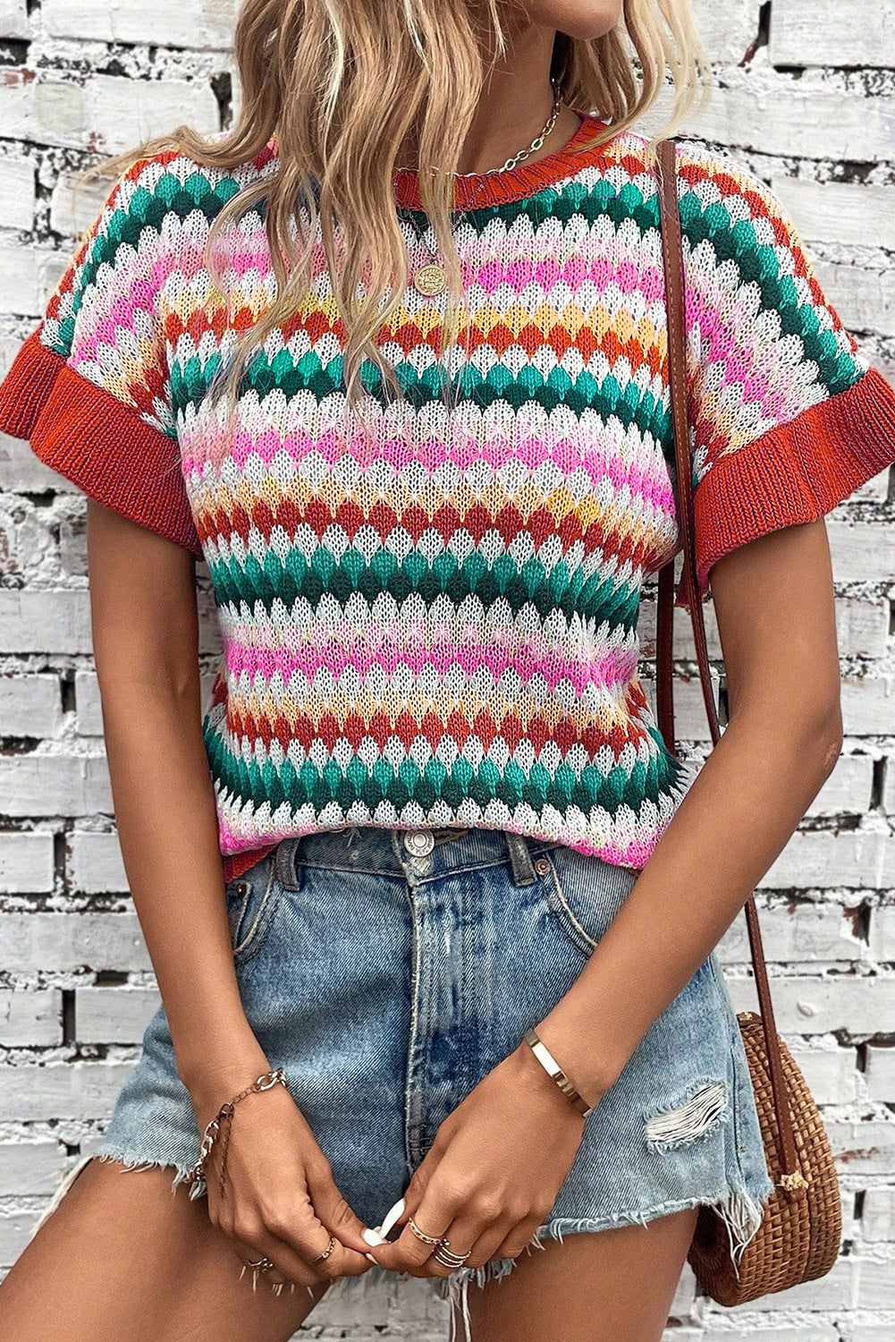 Khaki Trimmed Ruffle Sleeve Colorful Textured Sweater-TOPS / DRESSES-[Adult]-[Female]-Fiery Red-S-2022 Online Blue Zone Planet