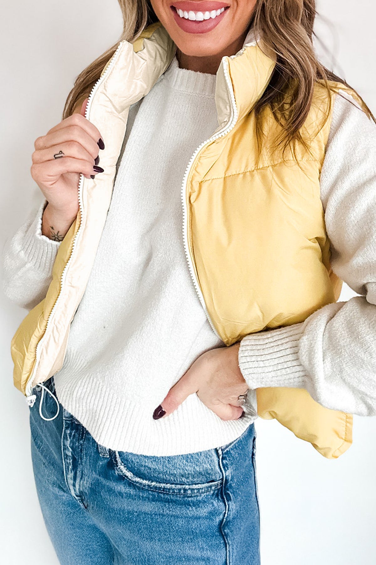 Parchment Reversible Double Wear Contrast Color Stand Neck Zip Pocket Quilted Vest