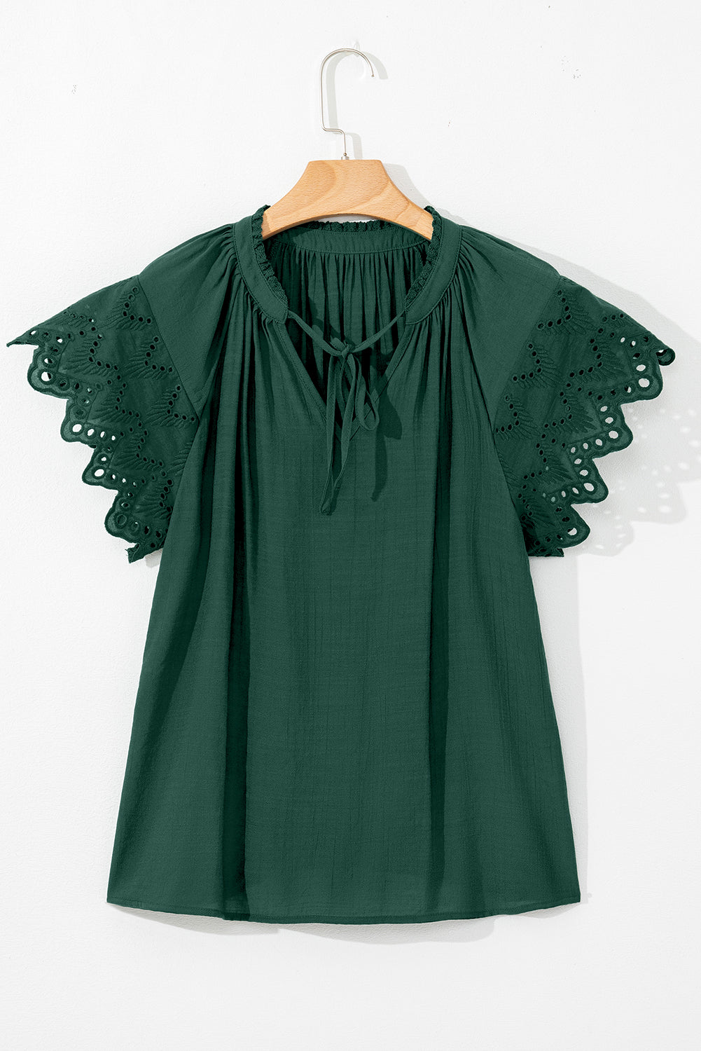 Green Bay Eyelet Embroidered Sleeve Tie V Neck Blouse-Tops/Blouses & Shirts-[Adult]-[Female]-2022 Online Blue Zone Planet