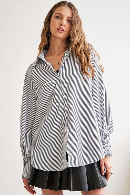 ADORA High-Low Striped Button Down Smocked Lantern Sleeve Shirt-TOPS / DRESSES-[Adult]-[Female]-2022 Online Blue Zone Planet