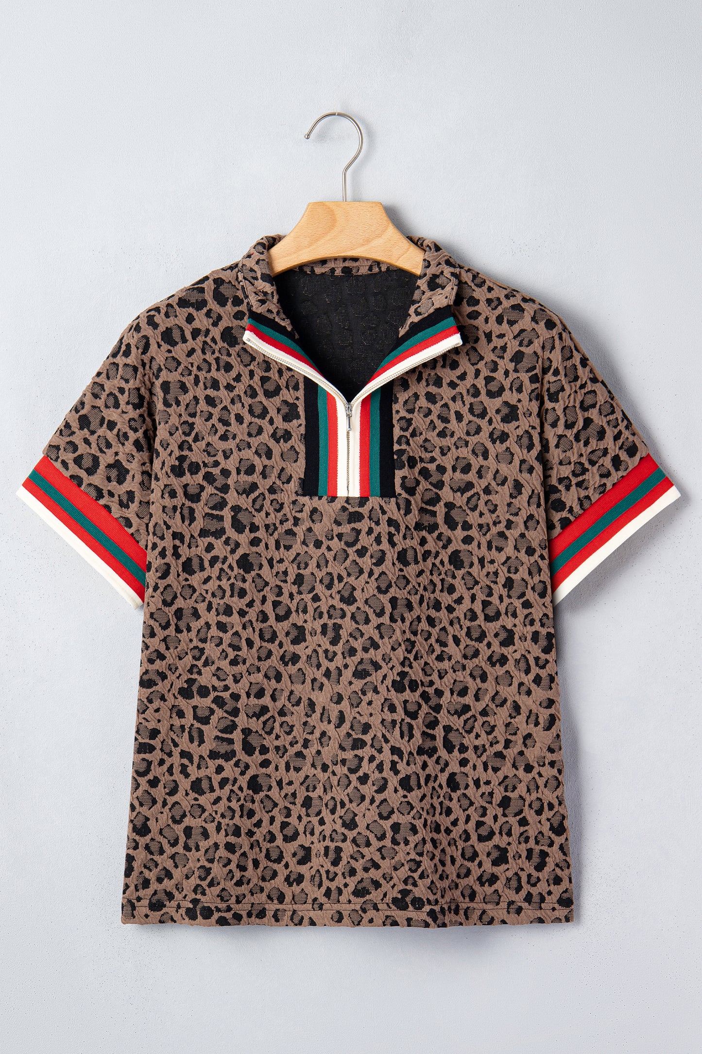 Brown Leopard Jacquard Striped Patchwork Half Zip Short Sleeve Blouse-Tops/Blouses & Shirts-[Adult]-[Female]-2022 Online Blue Zone Planet