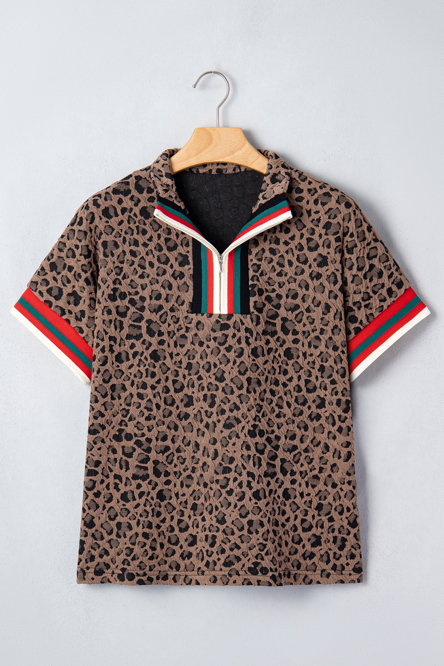 Brown Leopard Jacquard Striped Patchwork Half Zip Short Sleeve Blouse-Tops/Blouses & Shirts-[Adult]-[Female]-2022 Online Blue Zone Planet