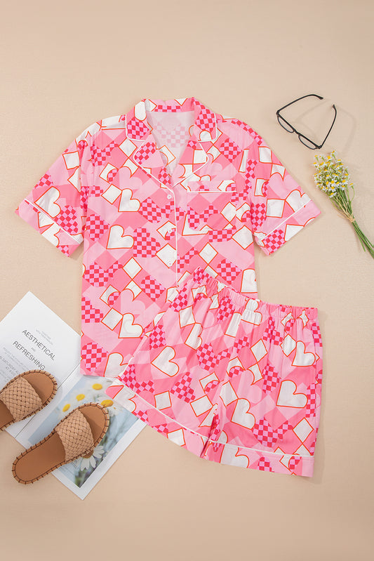 Pink Heart Print Shirt Style Silky Short Pajama Set-Loungewear & Sleepwear/Sleepwear-[Adult]-[Female]-2022 Online Blue Zone Planet