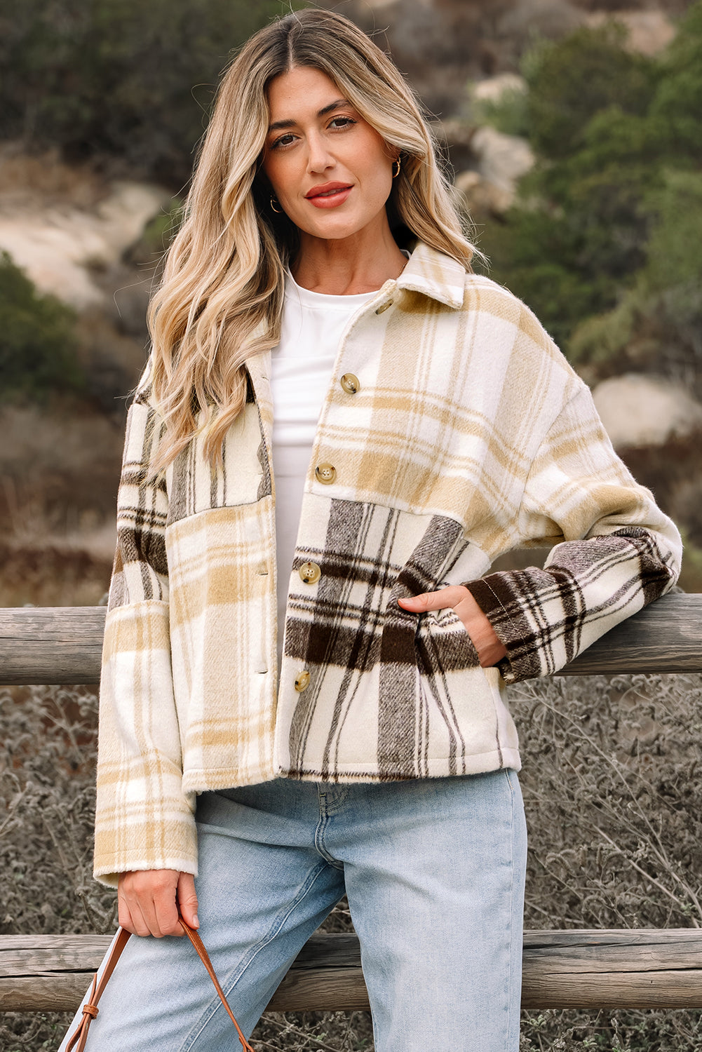 Multicolour Plaid Patchwork Side Pockets Buttoned Shacket-Outerwear/Plaid Shackets-[Adult]-[Female]-2022 Online Blue Zone Planet