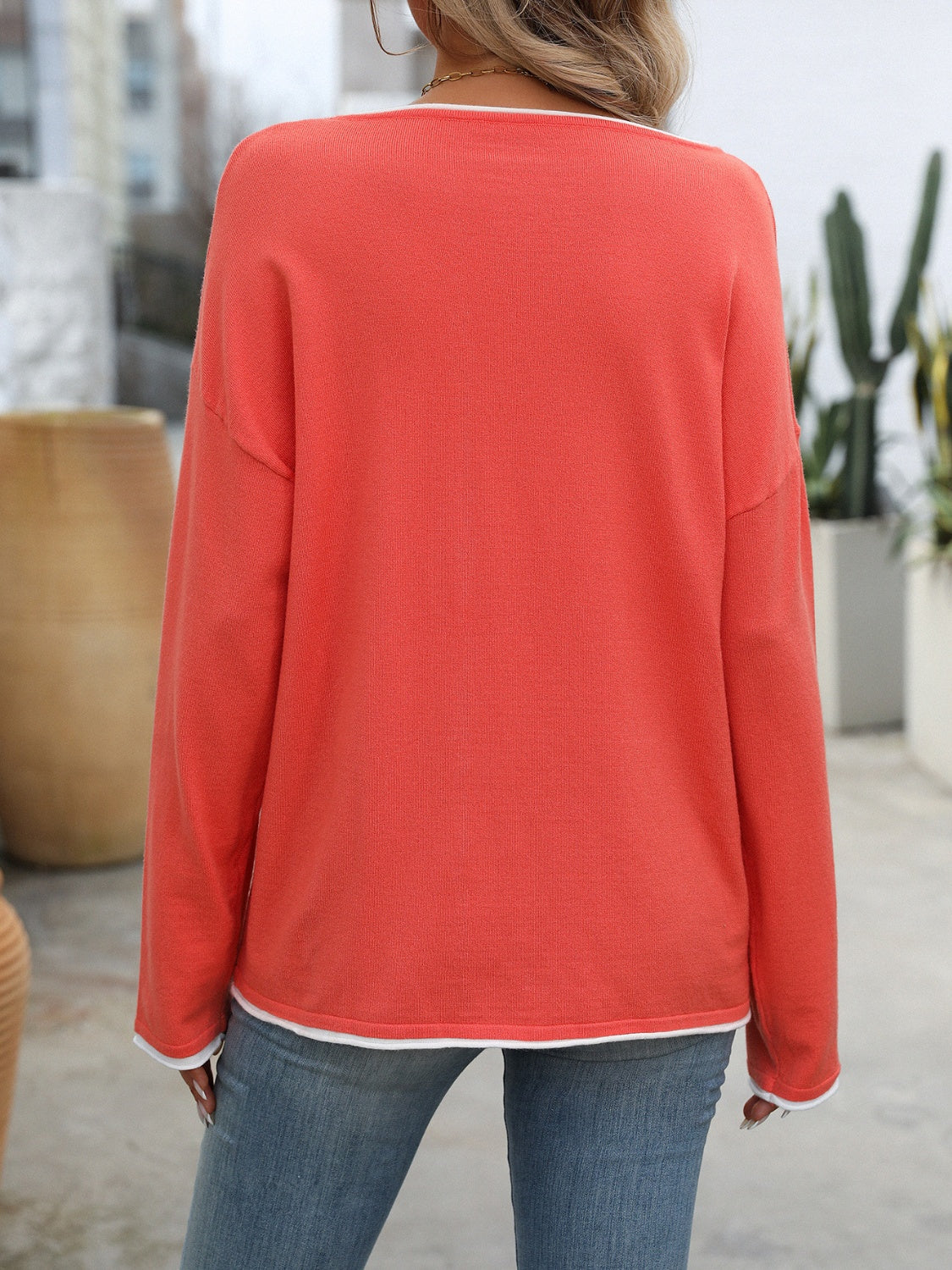 Contrast Trim Round Neck Long Sleeve Sweater-TOPS / DRESSES-[Adult]-[Female]-2022 Online Blue Zone Planet