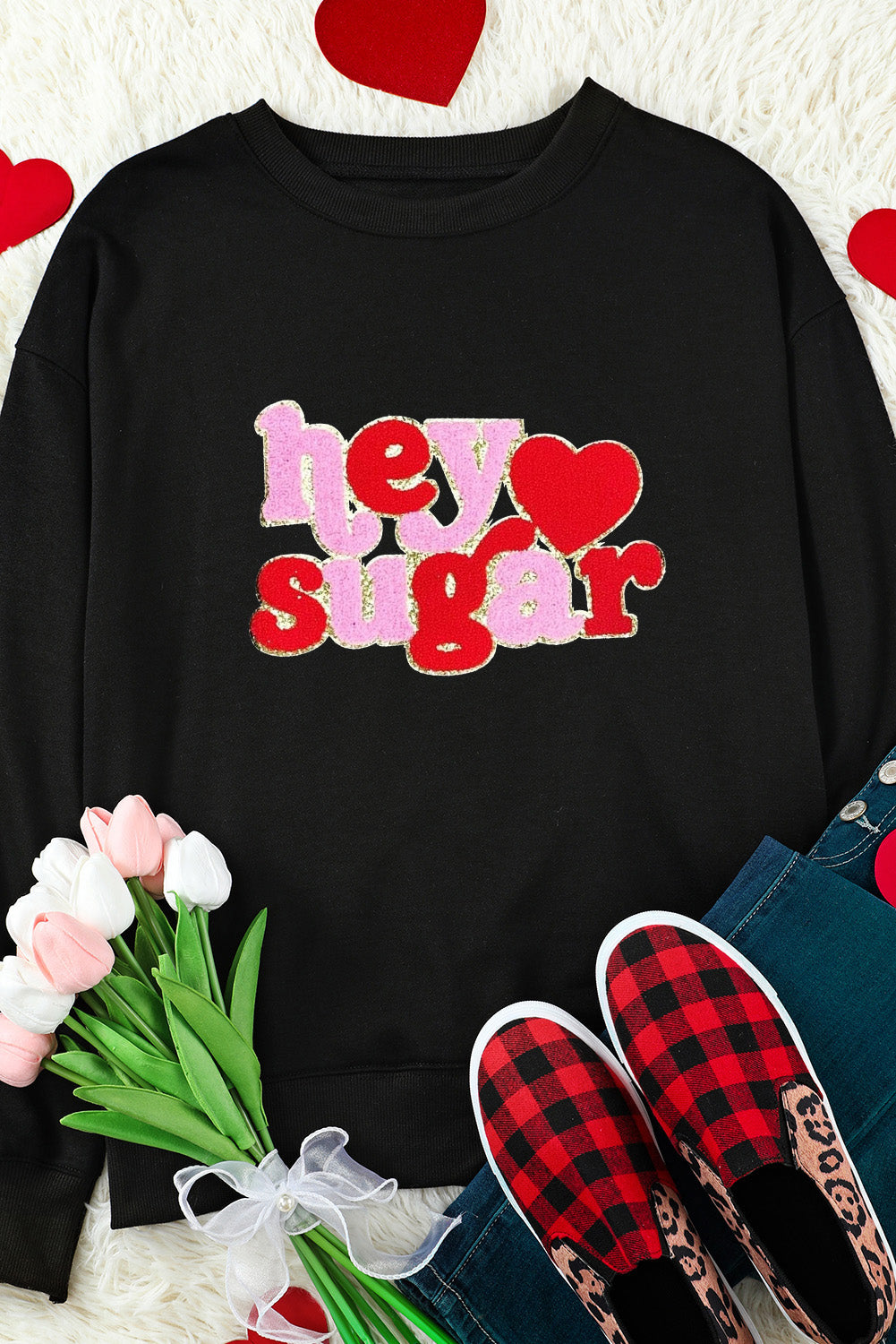 Pink Chenille Heart Pattern Valentines Graphic Sweatshirt-Graphic Sweatshirts-[Adult]-[Female]-2022 Online Blue Zone Planet