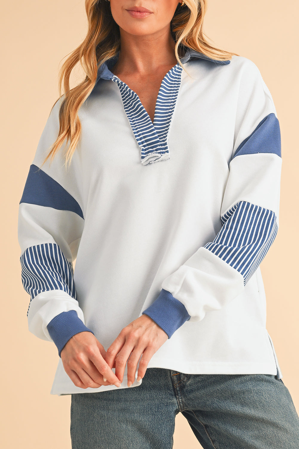 Sail Blue Striped Patchwork Collar Sweatshirt-Sweatshirts & Hoodies-[Adult]-[Female]-Dark Blue-S-2022 Online Blue Zone Planet