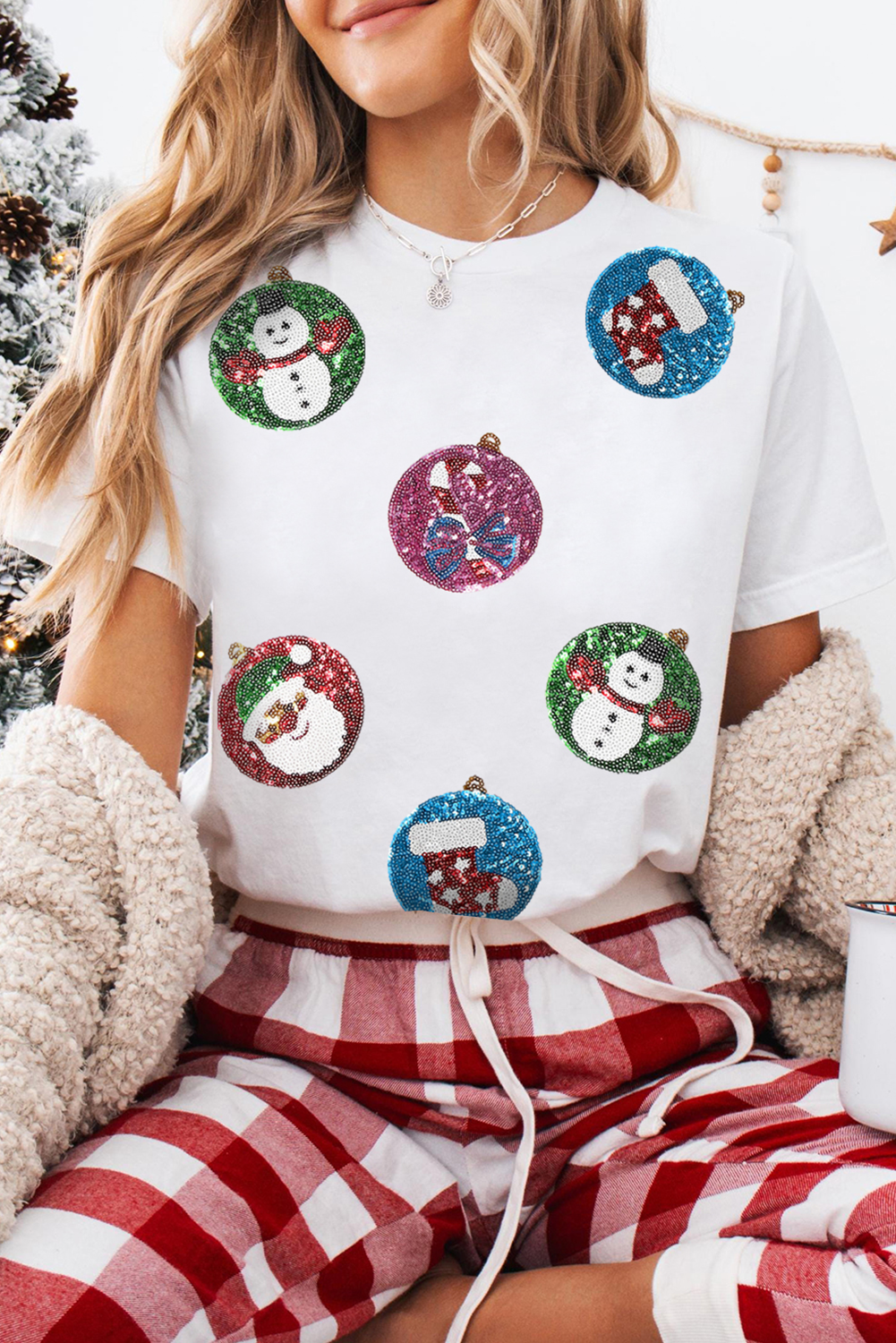 White Sequin Patterned Christmas Light Patch Round Neck Tee-Graphic Tees-[Adult]-[Female]-2022 Online Blue Zone Planet