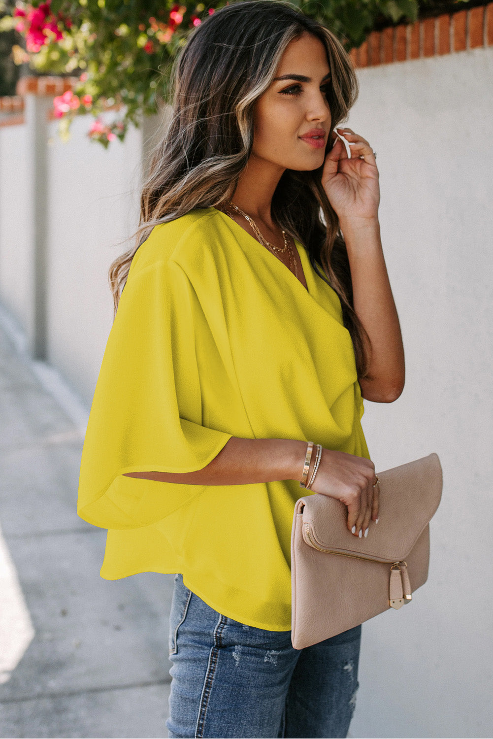 Golden Glow Women's Casual Summer Sleeve Wrap V Neck Draped Blouses-Tops/Blouses & Shirts-[Adult]-[Female]-2022 Online Blue Zone Planet