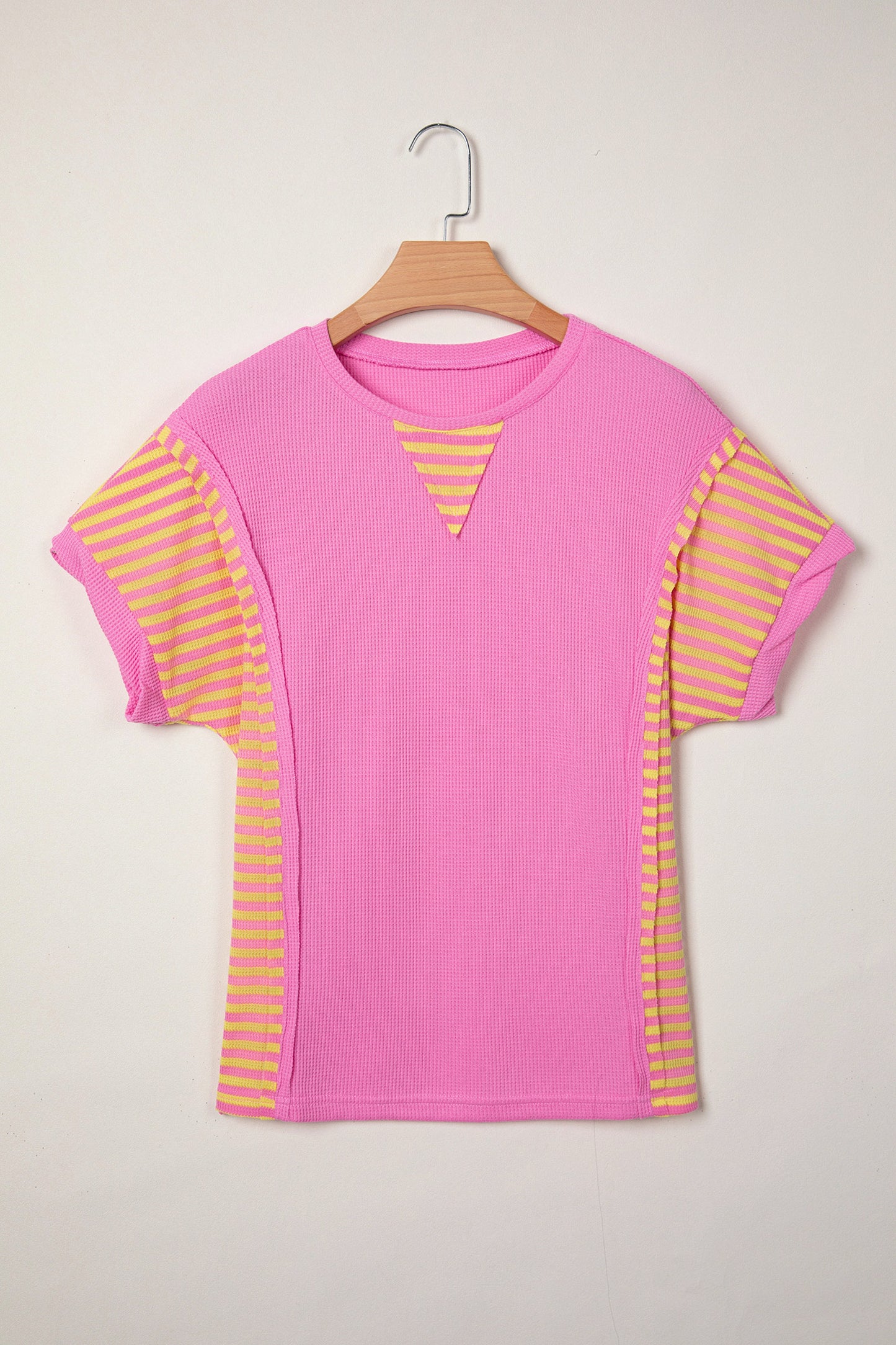 Bright Pink Waffle Textured Contrast Striped Patchwork Loose T Shirt-Tops/Tops & Tees-[Adult]-[Female]-2022 Online Blue Zone Planet