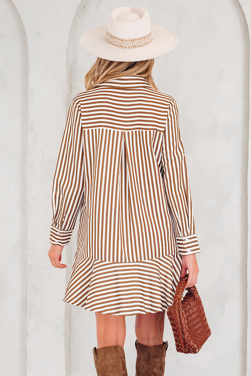 Brown Stripe Ruffled Hem Collared Long Sleeve Shirt Mini Dress-TOPS / DRESSES-[Adult]-[Female]-2022 Online Blue Zone Planet