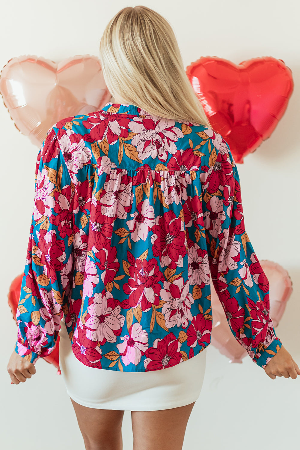 Red Floral Printed Balloon Sleeve Half Buttons Blouse-Tops/Blouses & Shirts-[Adult]-[Female]-2022 Online Blue Zone Planet