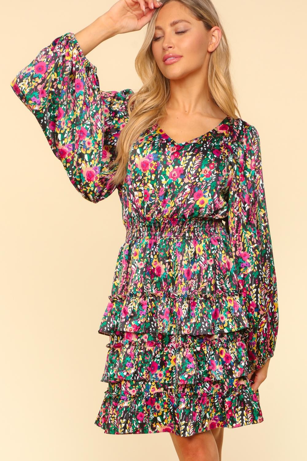 Haptics V-Neck Satin Floral Layered Dress-TOPS / DRESSES-[Adult]-[Female]-2022 Online Blue Zone Planet