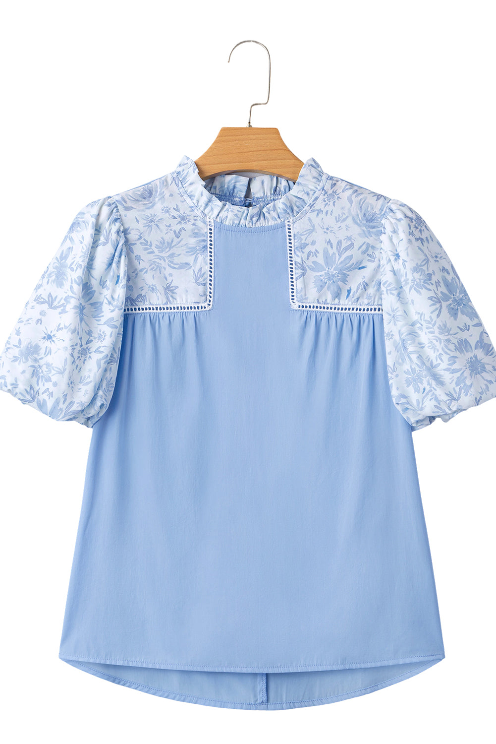 Beau Blue Lace Insert Floral Puff Sleeve Patchwork Loose Blouse-Tops/Blouses & Shirts-[Adult]-[Female]-2022 Online Blue Zone Planet