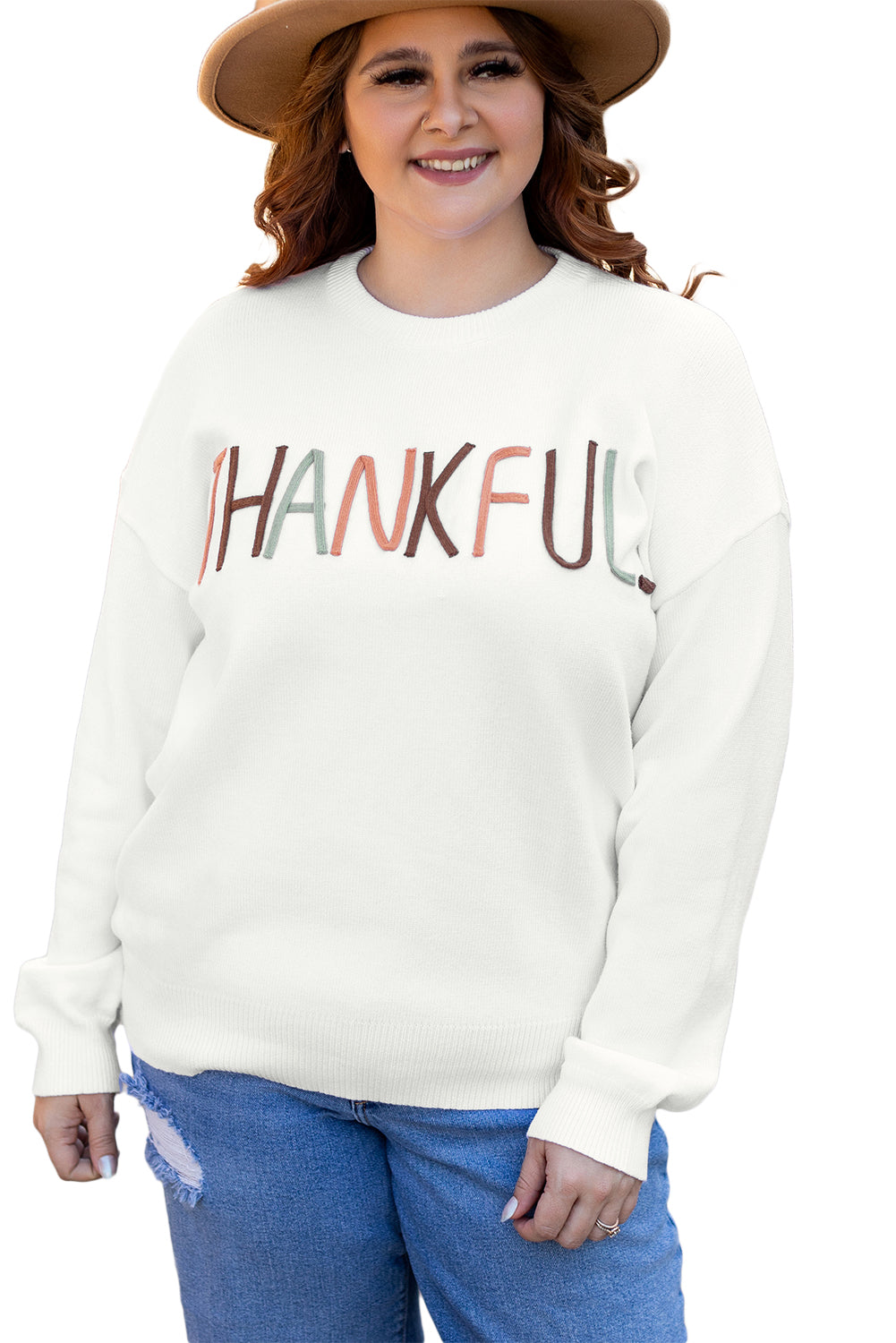 Blue Zone Planet | White Plus Size Thankful Ivory Embroidered Sweater-Plus Size/Plus Size Sweaters & Cardigans-[Adult]-[Female]-2022 Online Blue Zone Planet