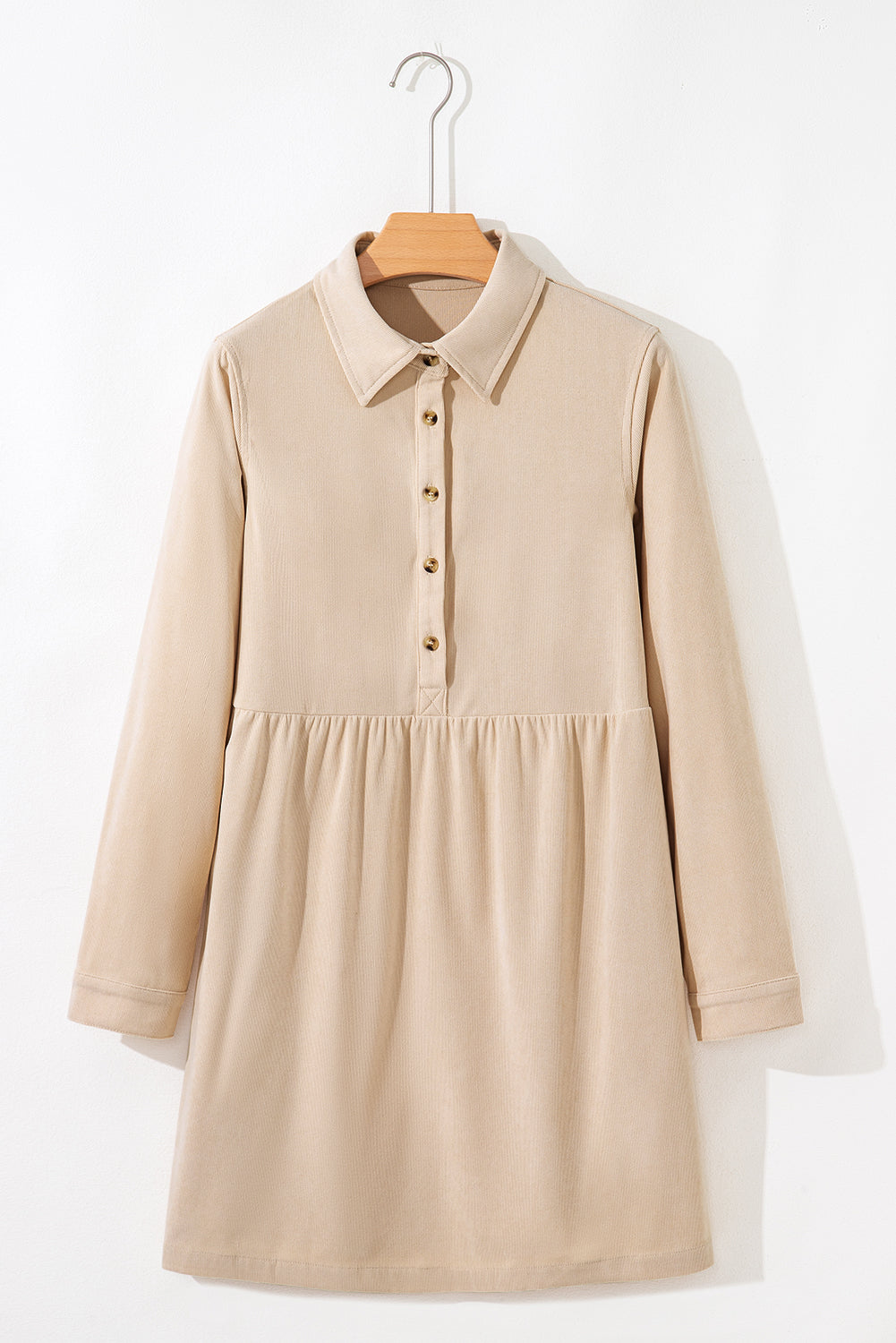 Oatmeal Corduroy Half Button Collared Long Sleeve Mini Dress-TOPS / DRESSES-[Adult]-[Female]-2022 Online Blue Zone Planet