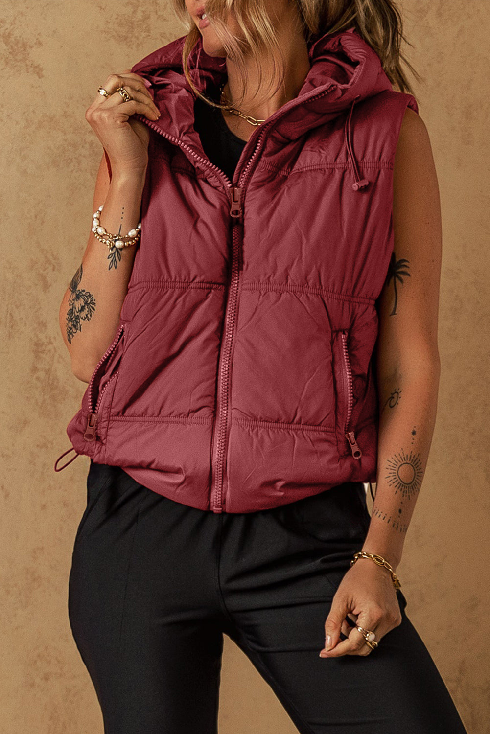 Drawstring Zip Up Hooded Vest Coat-TOPS / DRESSES-[Adult]-[Female]-2022 Online Blue Zone Planet