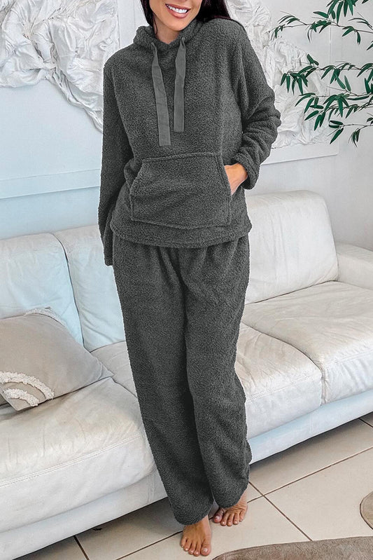 Medium Grey Fuzzy Drawstring Hoodie Lounge Pants 2pcs Set-Tops / Dresses-[Adult]-[Female]-Medium Grey-S-2022 Online Blue Zone Planet