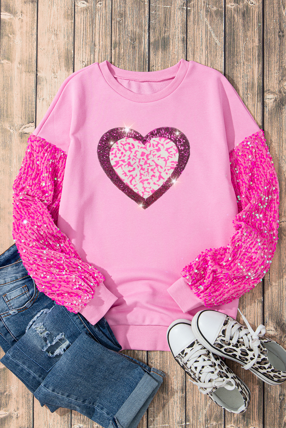 Pink Leopard Heart Graphic Sequin Patchwork Long Sleeve Valentines Top-Graphic Apparel-[Adult]-[Female]-2022 Online Blue Zone Planet